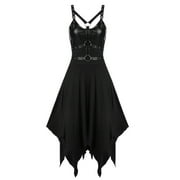 VSSSJ Renaissance Dresses Women Gothic Corset Steam Punk Dress Leather Bandage Tunic Dress Sleeveless Irregular Hem Midi Dress Black L